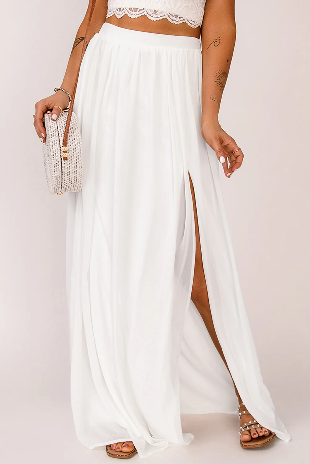 White High Waist Maxi Skirt with Split | IFYHOME