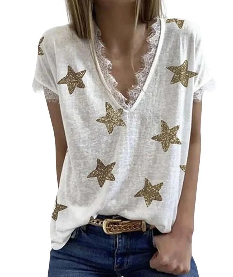 Summer New Lace Print Star T-Shirt