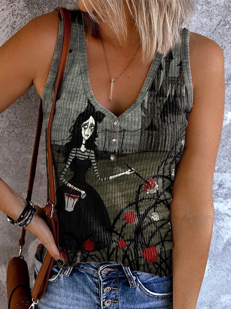 Comstylish Women's Blood Dyes the Roses Print Button Vest