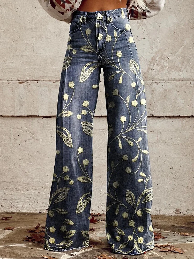 Women's Vintage Lovely Floral Art Print Casual Wide Leg Pants