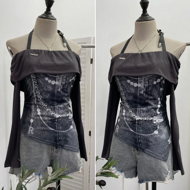 Uveng Vintage Print Shoulder Irregular Long-Sleeved T-Shirt Hanging Neck Slim Thin Short Bottom Top 2662