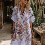 Women's Floral Embroidery Art V Neck Comfy Midi Dress - Image 5