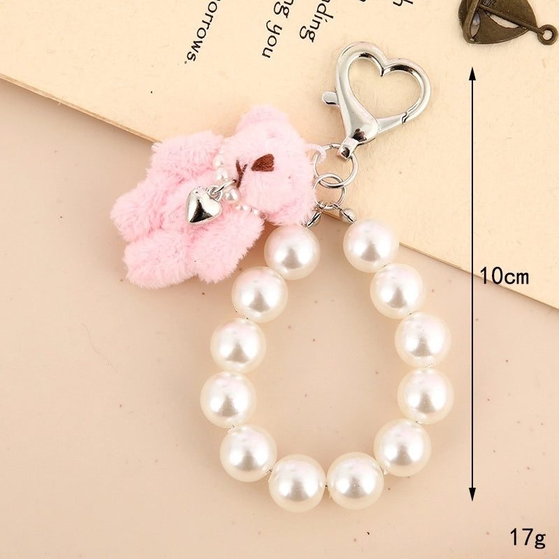 Cartoon Style Cute Bear Heart Shape Beaded Plush Bag Pendant Keychain