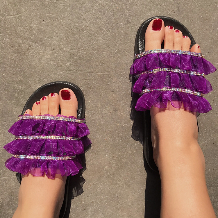 Purple Lace Tassel Shoes Women's Classic Flat Rhinestone Mules Summer Cute Sandals |FSJ Shoes