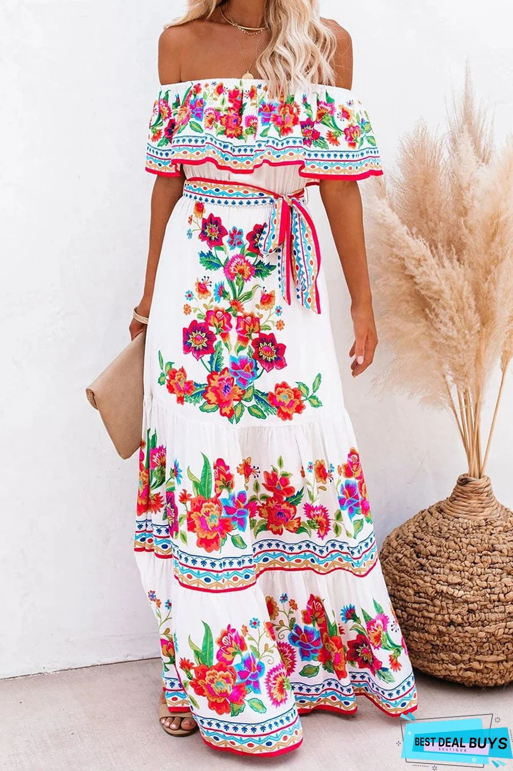 Fashion Street Print Off the Shoulder A Line Dresses(6 Colors)