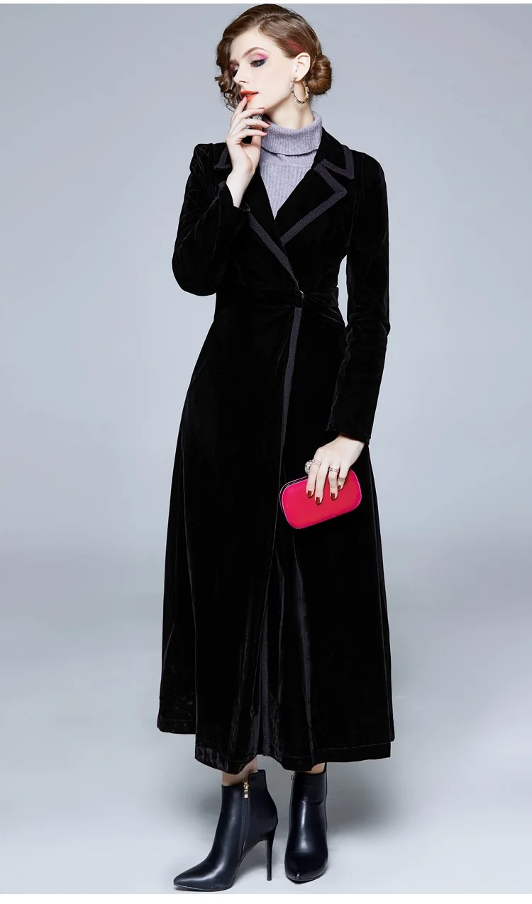 Uveng Winter Runway Designer Women Vintage Notched Collar Wrap Black Velvet Maxi Coat Thick Warm Long Trench Coat Outwear