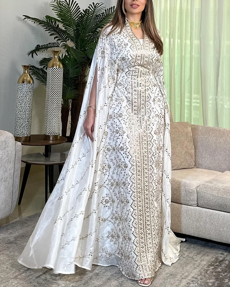 Women's V Neck Embroidered Kaftan Dress