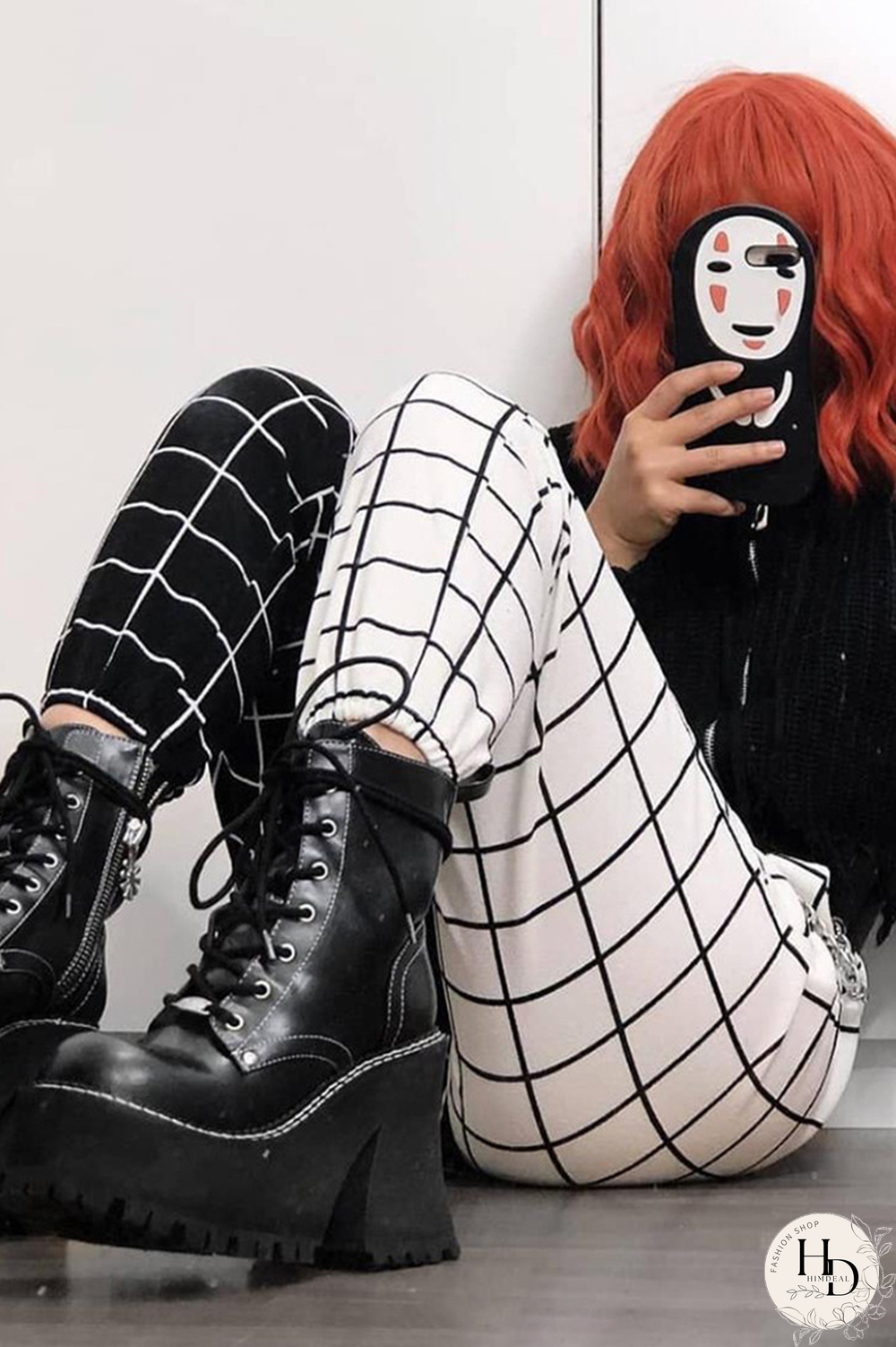 Black And White Street Plaid Basic Without Belt Straight Mid Waist Conventional Bottoms