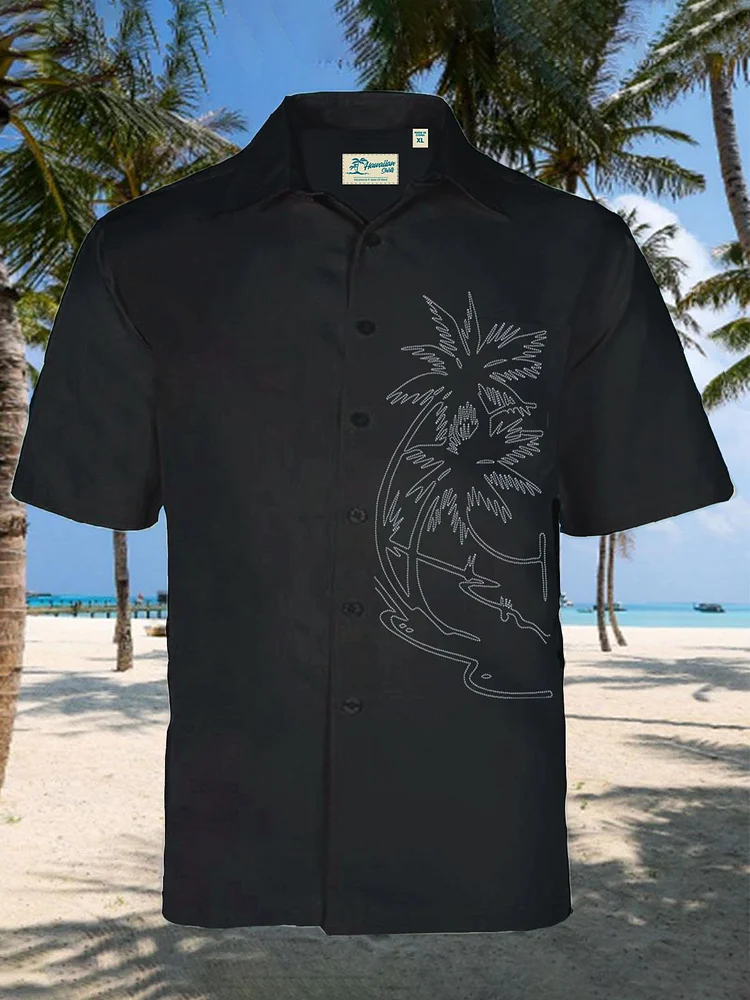 Men's Black Vintage Hawaiian Shirts Palm Tree Wrinkle Free Cotton Blend Plus Size Tops