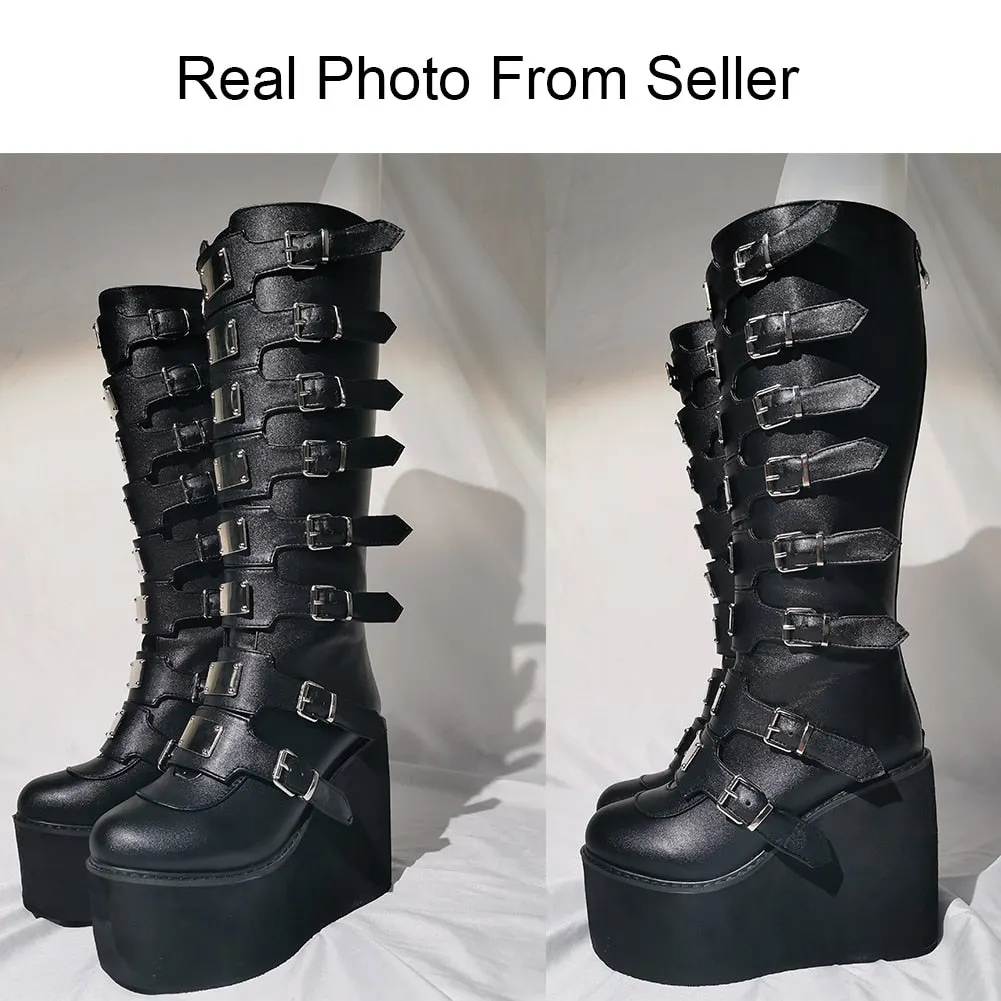 Big Size 48 Brand Design Platform Wedges Goth Black Mid Calf Motorcycle Boots Women Buckle Trendy Cool Punk Zipper Women Shoes