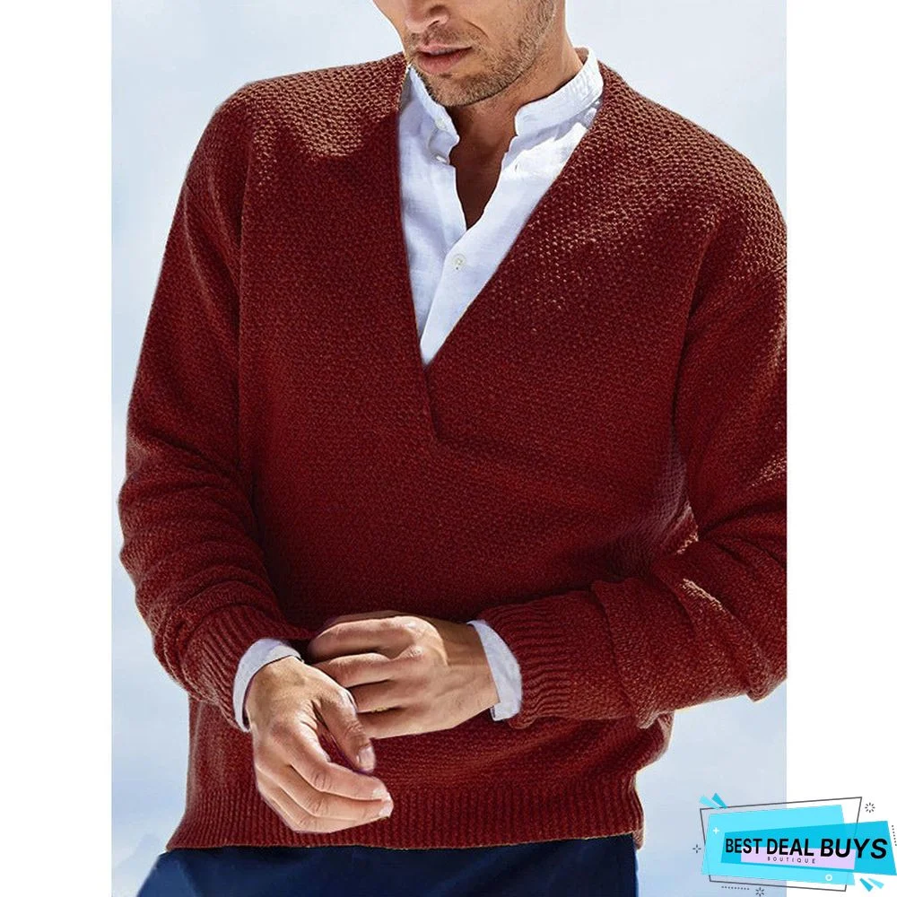 Solid Color Long Sleeve V-Neck Knitted Men's Sweater