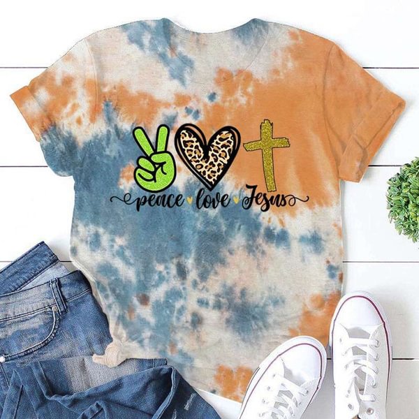 Peace Love Jesus Print T-shrits For Women Summer Short Sleeve Round Neck Cute Loose T-shirt Creative Personalized Tops - BlackFridayBuys