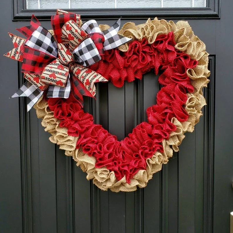 💗Valentine Sale Rustic Valentines Day Burlap Heart Wreath For Front Door, Buffalo Check Heart Wreath