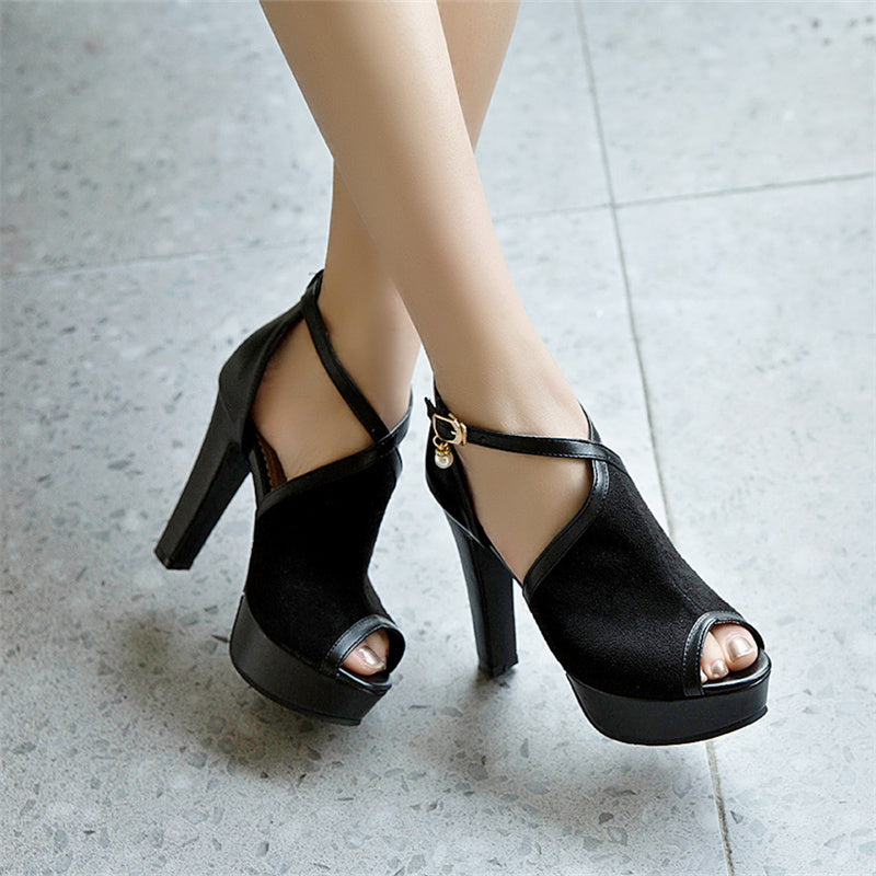 Women's peep toe side cutout chunky high heels