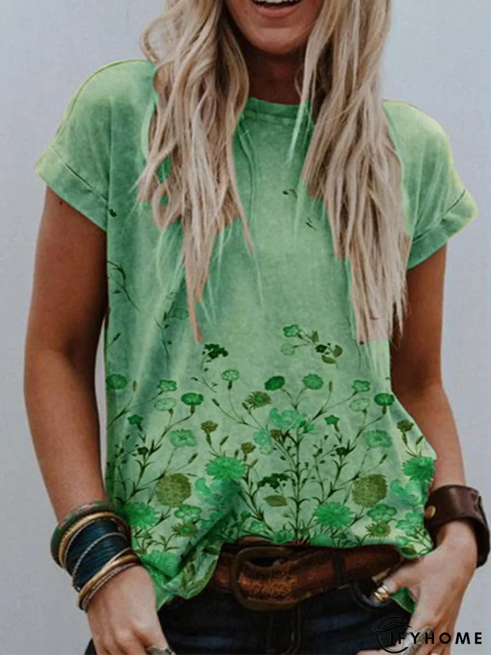 Women Simple Khaki Crew Neck Printed Plus Size T-shirt | IFYHOME