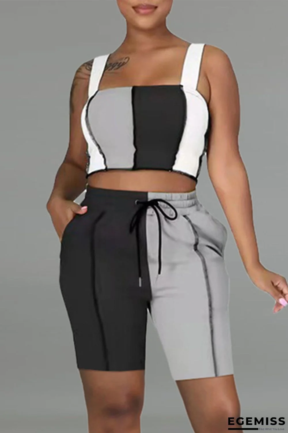 Black Fashion Casual Patchwork Backless Square Collar Sleeveless Two Pieces | EGEMISS