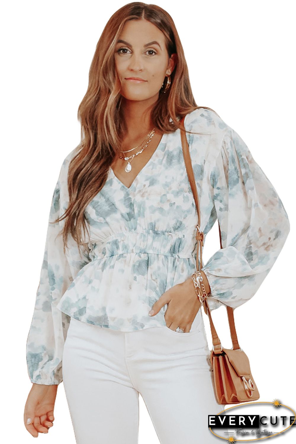 Sky Blue V Neck Tie-dye Peplum Top