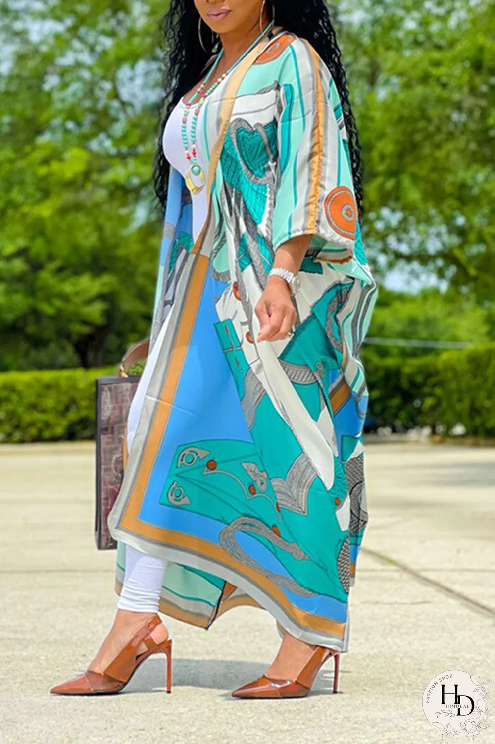 White Casual Print Patchwork V Neck Straight Dresses