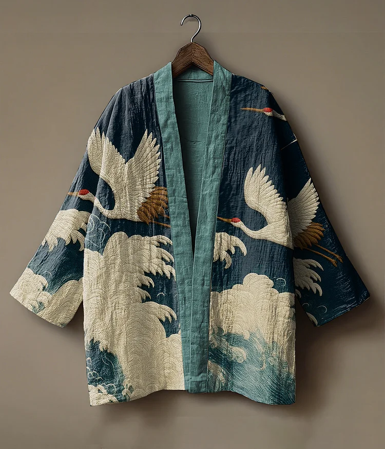 Japanese art of crane and wave embroidery linen kimono cardigan