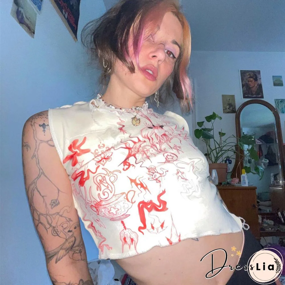 Cute Print Y2k Vest Tops Women Frills Irregular Hem Kawaii Grunge Tank Top Sleeveless O Neck Cropped Casual Outfits