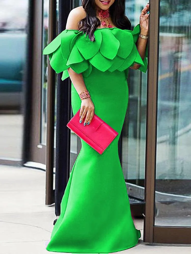 Neosepa-Exaggerated Flounce Trimmed Off Shoulder Sleeveless Solid Green Fishtail Gown