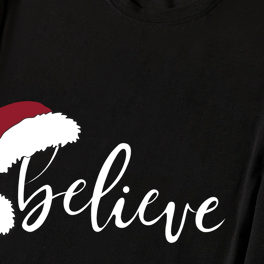 Christmas "Believe" Text Print Black Long Sleeve Top with Red & White & Green Plaid Family Matching Pajamas