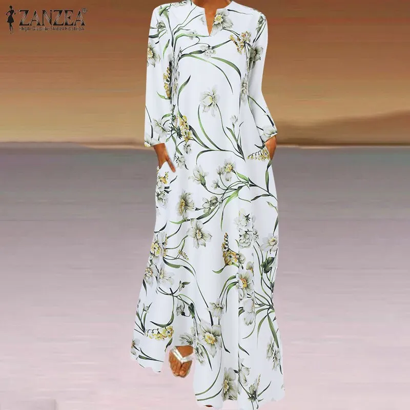 Spring Women's Sundress Bohemian Floral Long Dress ZANZEA 2022 Casual Long Sleeve Party Holiday Vestidos Kaftan Robe Dresses