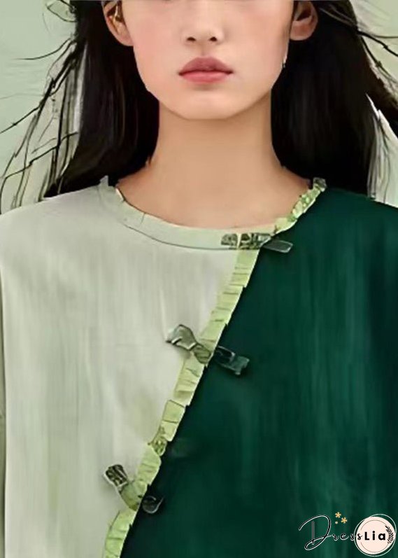 Green Patchwork Linen Blouses Chinese Button Wrinkled Summer