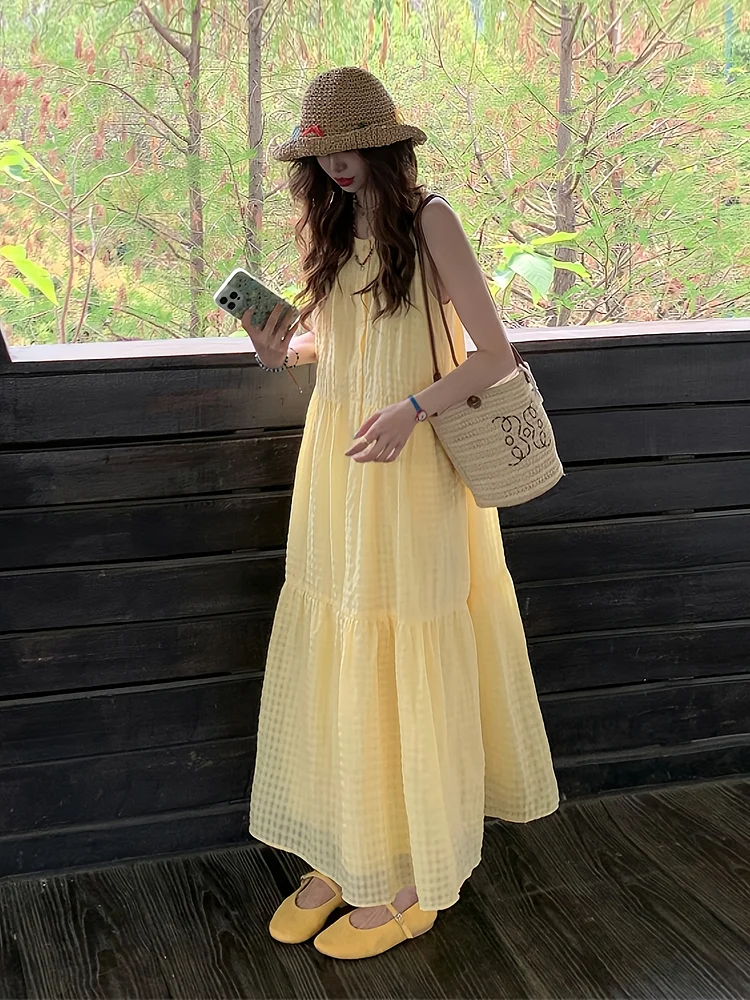 Women's Light Yellow Waffle Texture Sleeveless Dress - French-Inspired A-Line Summer Dress With Loose Fit, Breathable Polyester For Beach Vacation & Casual Outing