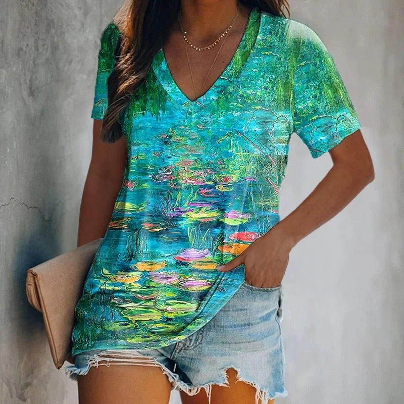 Oil Painting Water Lily Printed Women's T-shirt