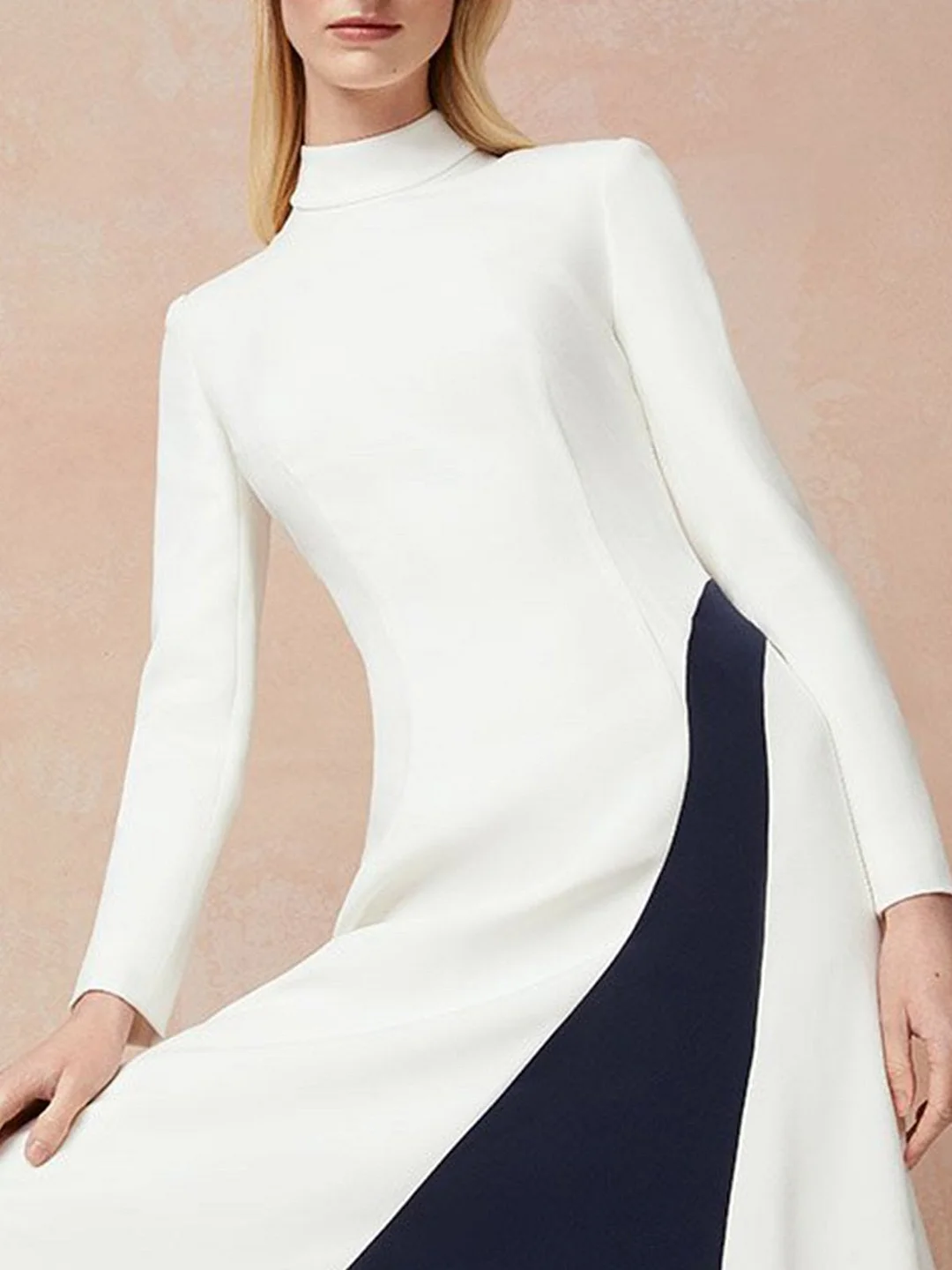 Turtleneck White A-Line Elegant Midi Dress