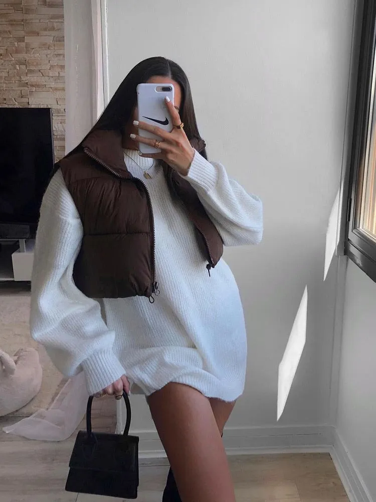 2021 Women Fashion Brown Cropped Vest Coat Female Stand Collar Zipper Waistcoat Ladies Casual Outerwear