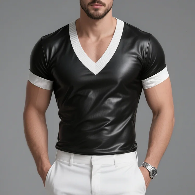 Okaywear Contrast Color V Neck Short Sleeve PU Leather T-Shirt Okaywear