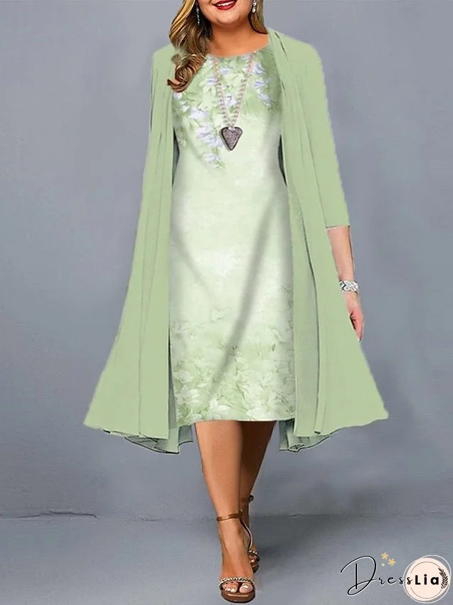 Plus Size Casual Dress Dress Set Two Piece Dress Floral Midi Dress 3/4 Length Sleeve Print Crew Neck Fashion Daily Light Green Pink Spring Summer L XL XXL 3XL 4XL for Women