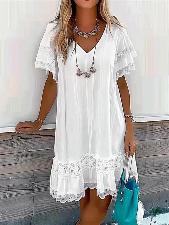 New Women's Summer V-neck Chiffon Lace Splicing White Short-sleeved Dresses