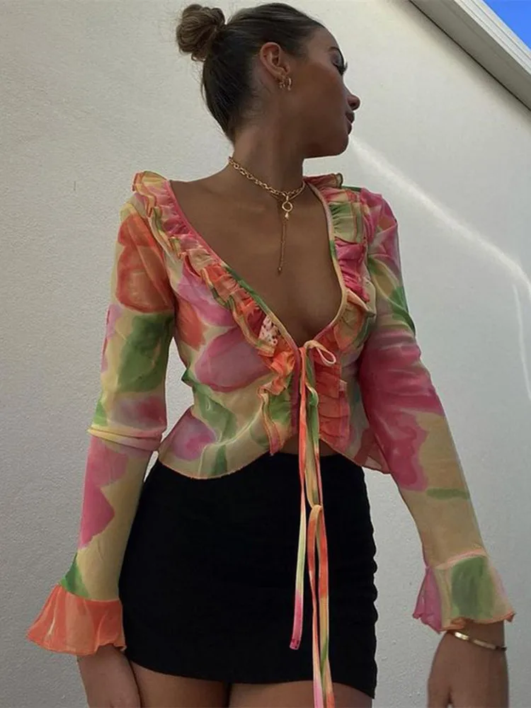 Hipposy Women Mesh Printed Tops and Blouses Summer Long Sleeve Tie-up Cardigan Crop Tops Bohemian See Through Shirts Female Cover-ups