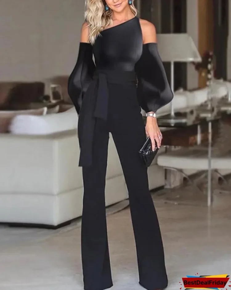 solid color off the shoulder puff sleeves jumpsuit p182065