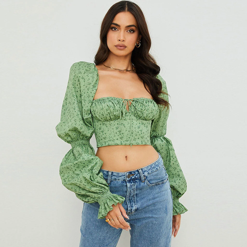 Ditsy Printed Tied Front Bustier Puff Sleeve Crop Top - Green