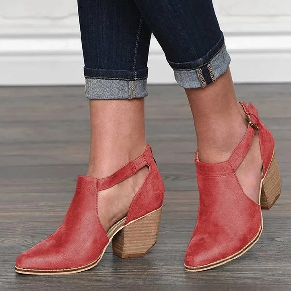 Buckle Cut Out Chunky Heel Zipper Boots