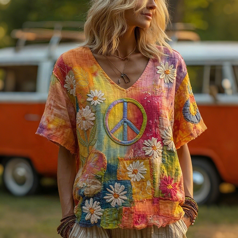 Comstylish Vintage Hippie Peace Daisy Gradient Floral Patchwork Print Linen T-shirt