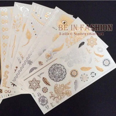 4pcs/lot Temporary Tattoo Sticker Fake Gold and silver Tatoo sheets Flash Henna Tatouage Metallic Tatto Aramex Tatuajes Dorados