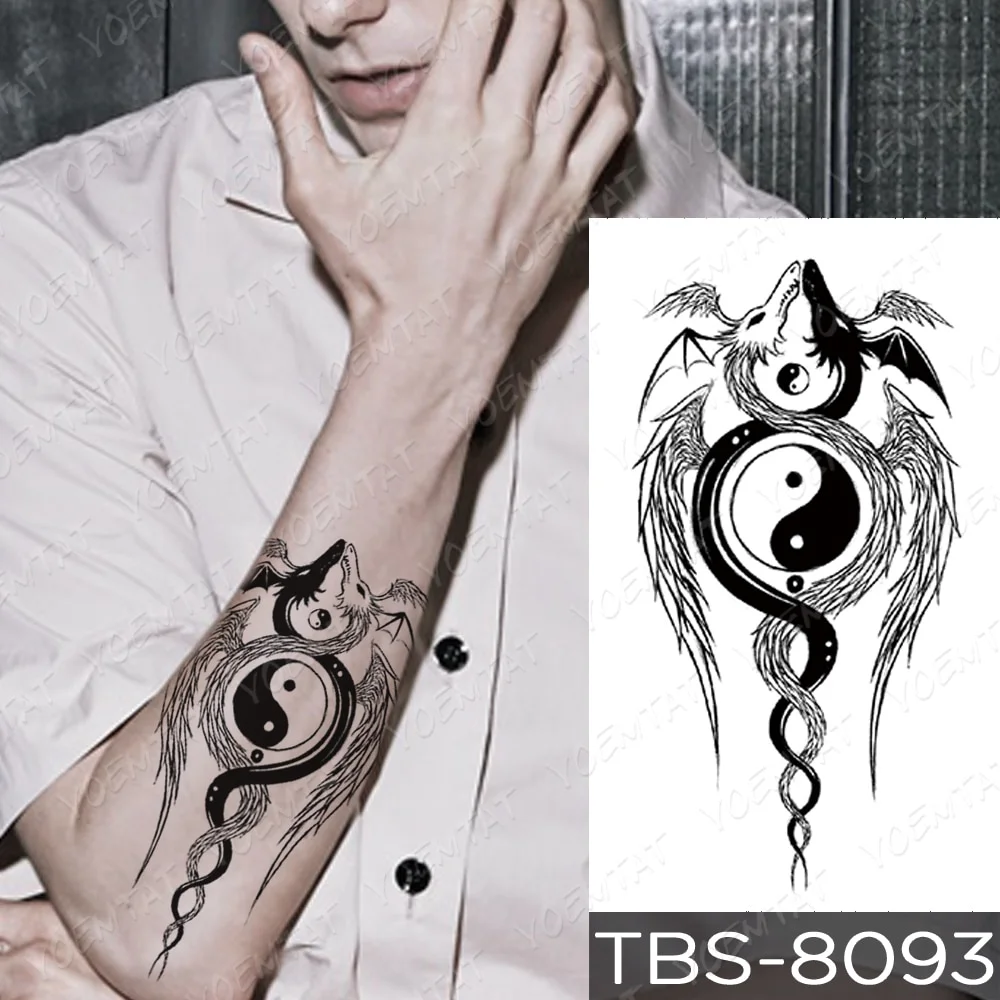 Sdrawing Temporary Tattoo Sticker Yin Yang Dragon Feather Wings Flash Tattoos Wolf Totem Body Art Arm Fake Tatoo Men