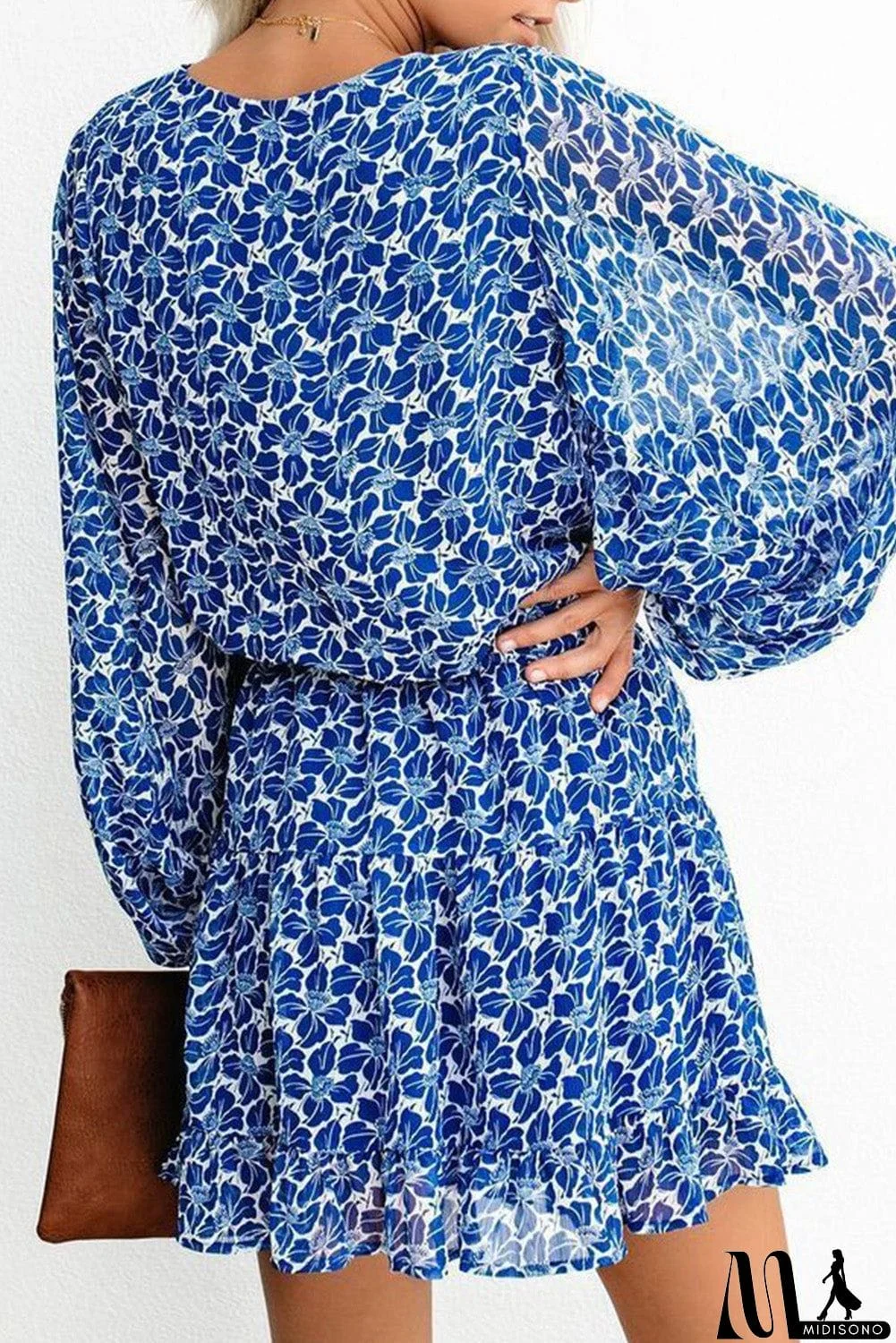 MidiSono - V Neck Lantern Sleeves Floral Tunic Dress