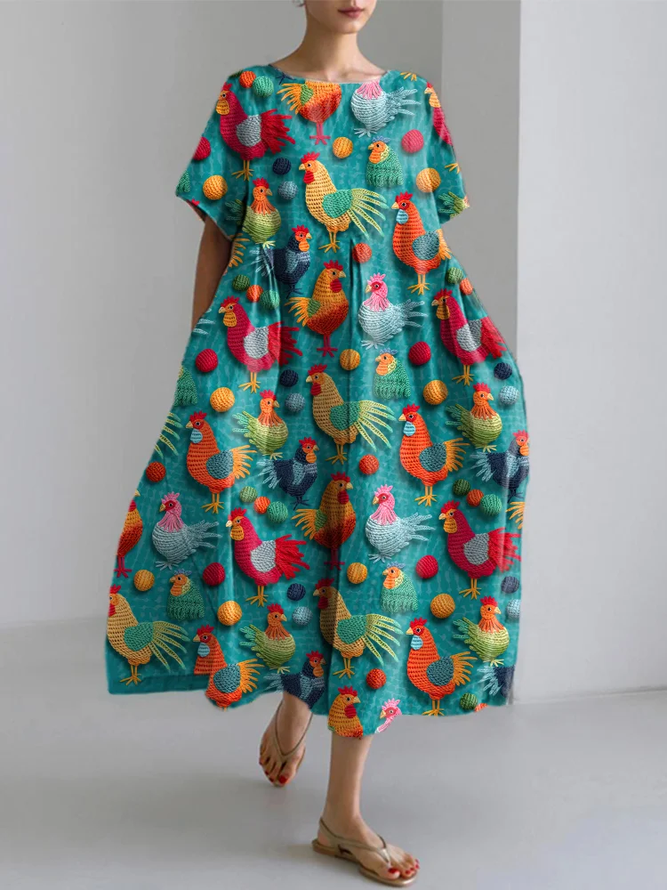 Farm Chicken Embroidery Pattern Linen Blend Dress