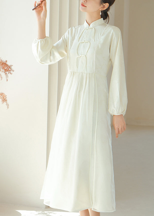VCSHOES White Chinese Button Silm Fit Silk Dress Fall