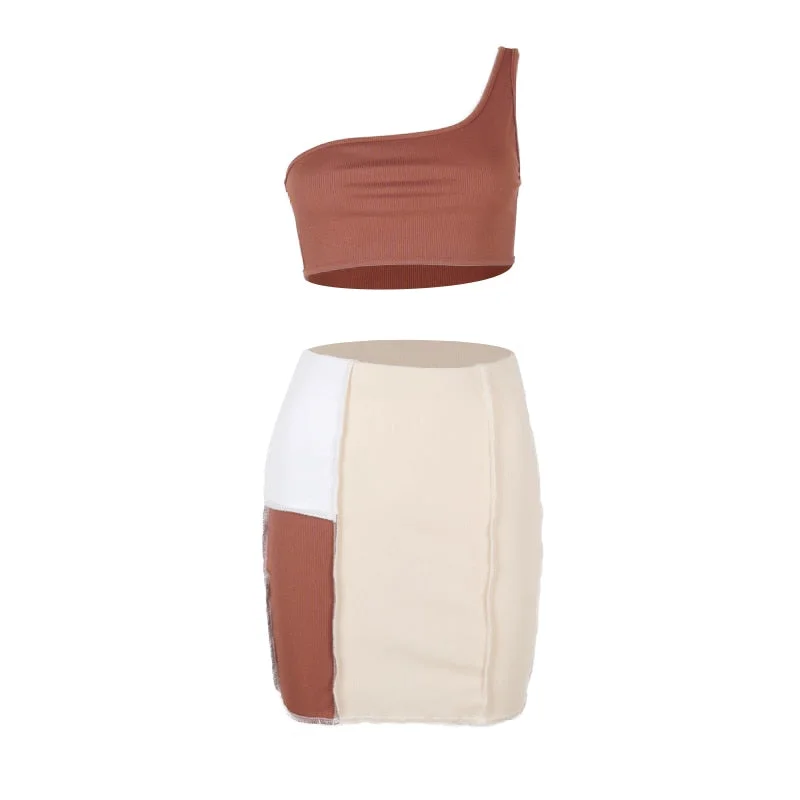 Nibber Patchwork Vintage Two Piece Set Women 2021 Summer Slash Neck Crop Tops+Mini Skirt Co-ord Outfit Fashion Casual Streetwear