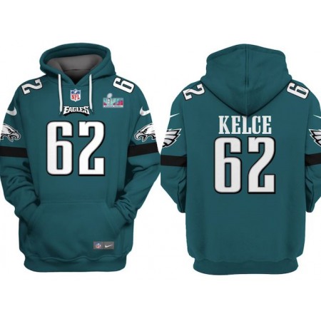 Men's Philadelphia Eagles #62 Jason Kelce White Super Bowl LVII Patch Pullover Hoodie 1OZ6