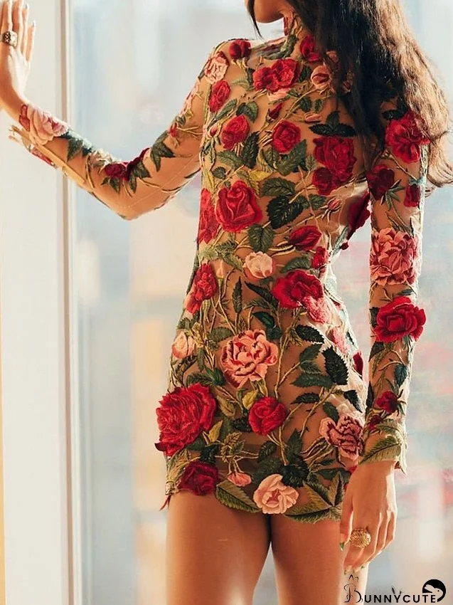 Party Dress Sheath Dress Sexy Dress Mini Dress Red Long Sleeve Pure Color Mesh Summer Spring Stand Collar Party S M L XL / Bridal Shower Dress for Women