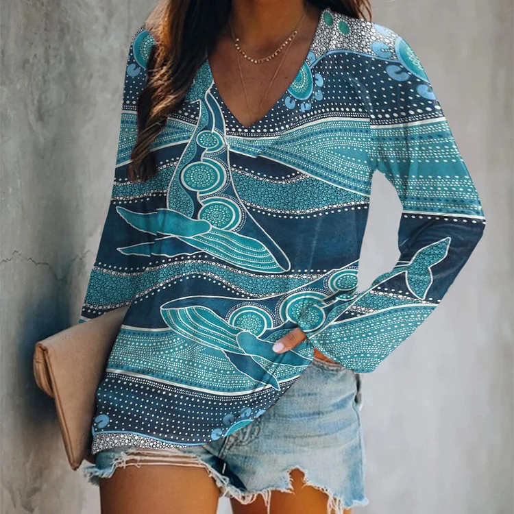 Vefave Casual Long Sleeve Whale Print T-Shirt
