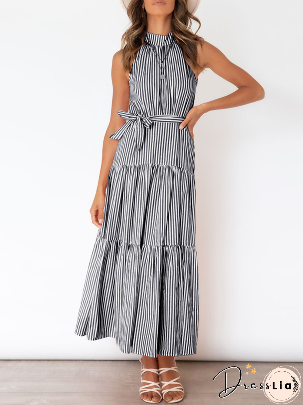 Halter Striped Loosen Short sleeve Woven Dress